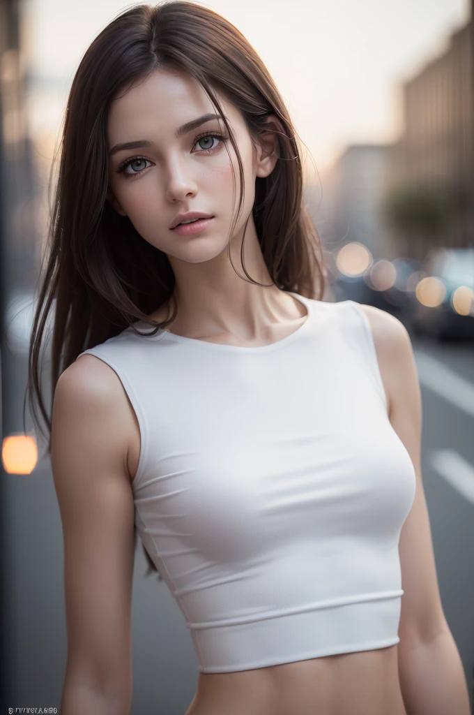 ((realistic lighting, best qualityer, 8K, work of art: 1.3)), Focus Clear: 1.2, 1 girl, perfect figure: 1.4, Slim abdomen: 1.1, ((dark brown hair)), (white top: 1.4), (open air, natta: 1.1), City streets, Super thin face, beautifuleyes, Double eyelids,
