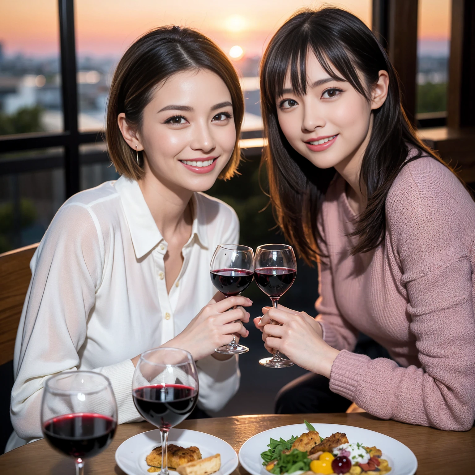 ((Highest quality、8K、masterpiece:1.3))、 (Ultra-realistic、 Genuine、Bright image、Intricate details:1.2), 最高のsmile、1 male 1 female、Wine Party、Beautiful couple、Love Love Love、Tokyo Lovers、Beautiful friends、actress couple、smile、Full-course dinner at a packed table、 (Slim face), (the body is slim), (Brown Hair), (short hair), テーブルのwine glass、Please shine a light on my face、 Amazing view of the sunset sky and clouds、42 years old 39 years old, red wine 、Appetizers、Wine bottle、sparkling wine、Long sleeve shirt、dress、White wine, red wine, wine glass, 