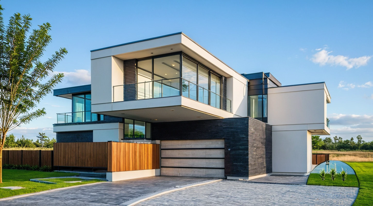 Masterpiece, high quality, best quality, authentic, super detail, outdoors, house style modern,bietthuhn, white wall, glass windows, gate road,pavement, grass, trees,blue sky, cloud, (day:1.1), realistic lighting