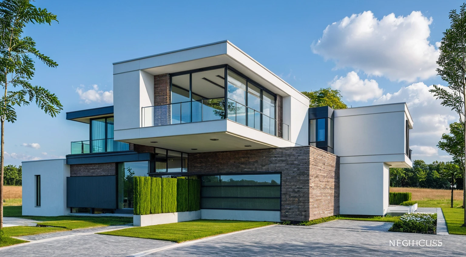 Masterpiece, high quality, best quality, authentic, super detail, outdoors, house style modern,bietthuhn, white wall, glass windows, gate road,pavement, grass, trees,blue sky, cloud, (day:1.1), realistic lighting
