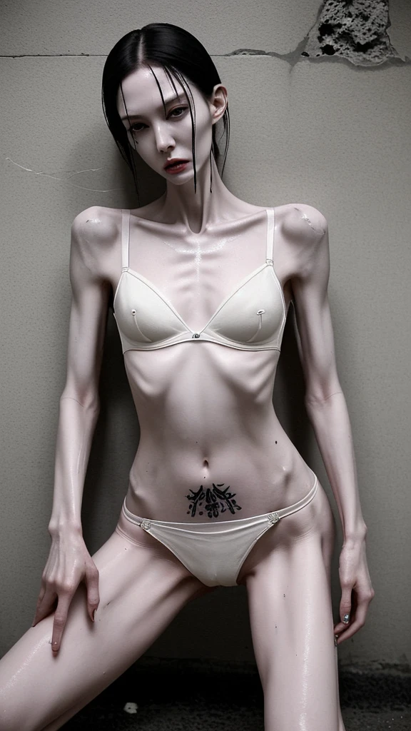 a woman, very thin body, body visible bones, very slender, sweaty wet body, pale white skin, panties, bra,tatto, full body, has a mental breakdown in an underground prison, weakness