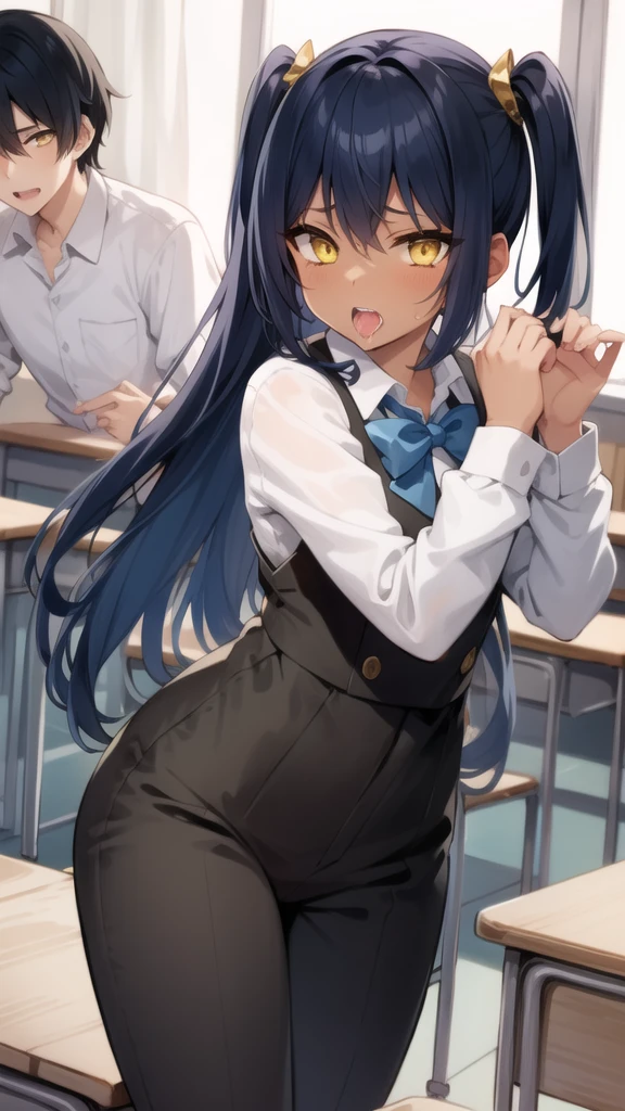 Black Skin、Dark skin、Blue Hair、Yellow Eyes、Jagged teeth、Demon、horn、Erotic、R-18、xxx、Sex、School、classroom、long hair、Female organ、Ahegao、Pant voice、Ooh voice