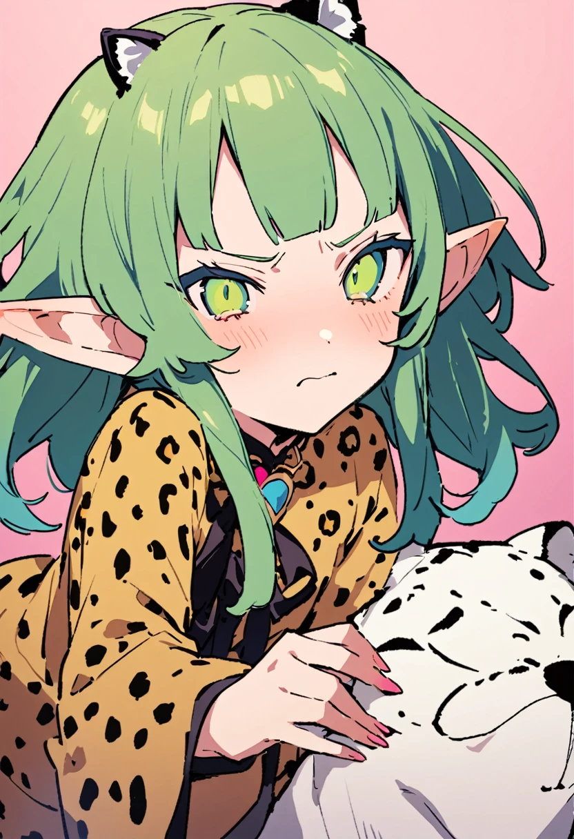 masterpiece, Highest quality, Illustration of the novel, High resolution, 18+ Adult content, Sensual, Intimate, Emotional, Passionate, romantic, sweet, Adorable, Innocent, Pure, charmな, charmな, charm, mysterious, charmな, charmな, Immersive, charmな, dream-like, Surreal, Imaginative, Whimsical, Artistic, Avant-garde, timeless, elegant, Sophisticated, chic, Sophisticated, Personality, original, charmな,((Loli Elf:1.3)),((A look of disgust:1.3))、Upper Body、(A Cheetah/A cheetah/Cheetah Dress:1.3)