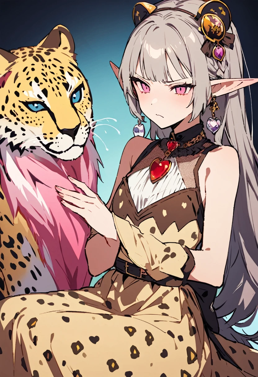 masterpiece, Highest quality, Illustration of the novel, High resolution, 18+ Adult content, Sensual, Intimate, Emotional, Passionate, romantic, sweet, Adorable, Innocent, Pure, charmな, charmな, charm, mysterious, charmな, charmな, Immersive, charmな, dream-like, Surreal, Imaginative, Whimsical, Artistic, Avant-garde, timeless, elegant, Sophisticated, chic, Sophisticated, Personality, original, charmな,((Loli Elf:1.3)),((A look of disgust:1.3))、Upper Body、(A Cheetah/A cheetah/Cheetah Dress:1.3)