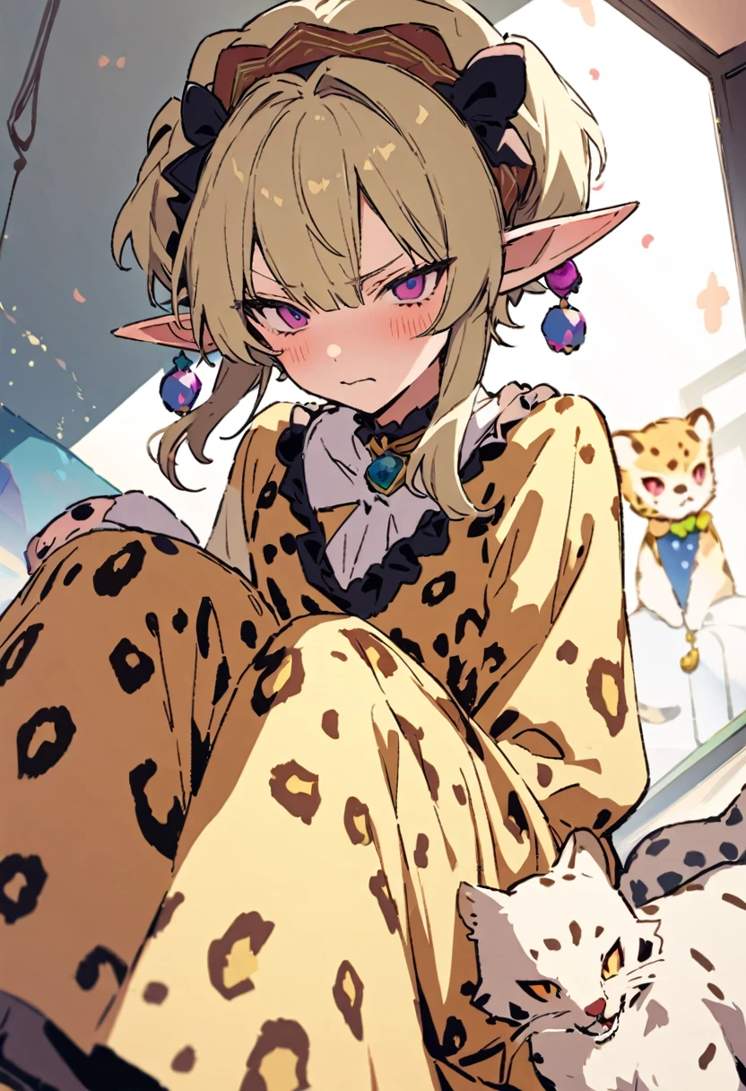 masterpiece, Highest quality, Illustration of the novel, High resolution, 18+ Adult content, Sensual, Intimate, Emotional, Passionate, romantic, sweet, Adorable, Innocent, Pure, charmな, charmな, charm, mysterious, charmな, charmな, Immersive, charmな, dream-like, Surreal, Imaginative, Whimsical, Artistic, Avant-garde, timeless, elegant, Sophisticated, chic, Sophisticated, Personality, original, charmな,(( Elf:1.3)),((A look of disgust:1.3))、Upper Body、(A Cheetah/A cheetah/Cheetah Dress:1.3)