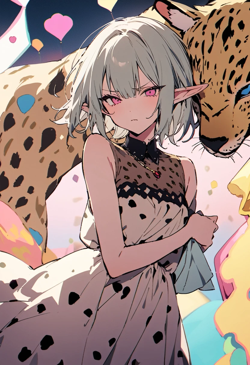 masterpiece, Highest quality, Illustration of the novel, High resolution, 18+ Adult content, Sensual, Intimate, Emotional, Passionate, romantic, sweet, Adorable, Innocent, Pure, charmな, charmな, charm, mysterious, charmな, charmな, Immersive, charmな, dream-like, Surreal, Imaginative, Whimsical, Artistic, Avant-garde, timeless, elegant, Sophisticated, chic, Sophisticated, Personality, original, charmな,((Loli Elf:1.3)),((A look of disgust:1.3))、Upper Body、(A Cheetah/A cheetah/Cheetah Dress:1.3)