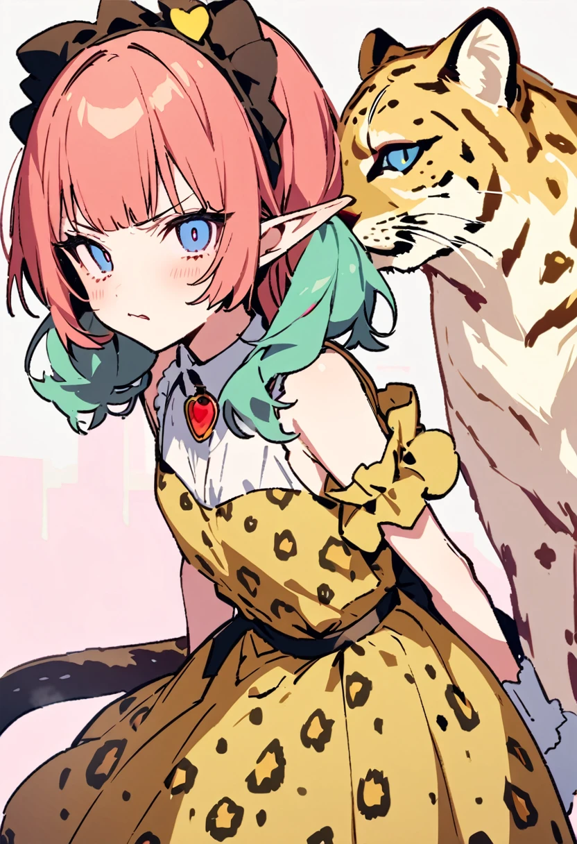 masterpiece, Highest quality, Illustration of the novel, High resolution, 18+ Adult content, Sensual, Intimate, Emotional, Passionate, romantic, sweet, Adorable, Innocent, Pure, charmな, charmな, charm, mysterious, charmな, charmな, Immersive, charmな, dream-like, Surreal, Imaginative, Whimsical, Artistic, Avant-garde, timeless, elegant, Sophisticated, chic, Sophisticated, Personality, original, charmな,(( Elf:1.3)),((A look of disgust:1.3))、Upper Body、(A Cheetah/A cheetah/Cheetah Dress:1.3)