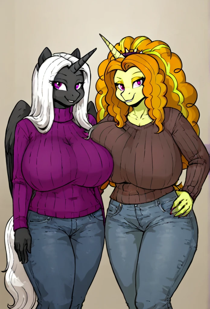  Alicorn princess female and Adagio Dazzle  , white mane, ,black body color  long flowing  mane pink  eyes anthro huge breasts  , jeans,sweater
lesbians   ,framed family photo ,mother and daughter 
Mother and kids 