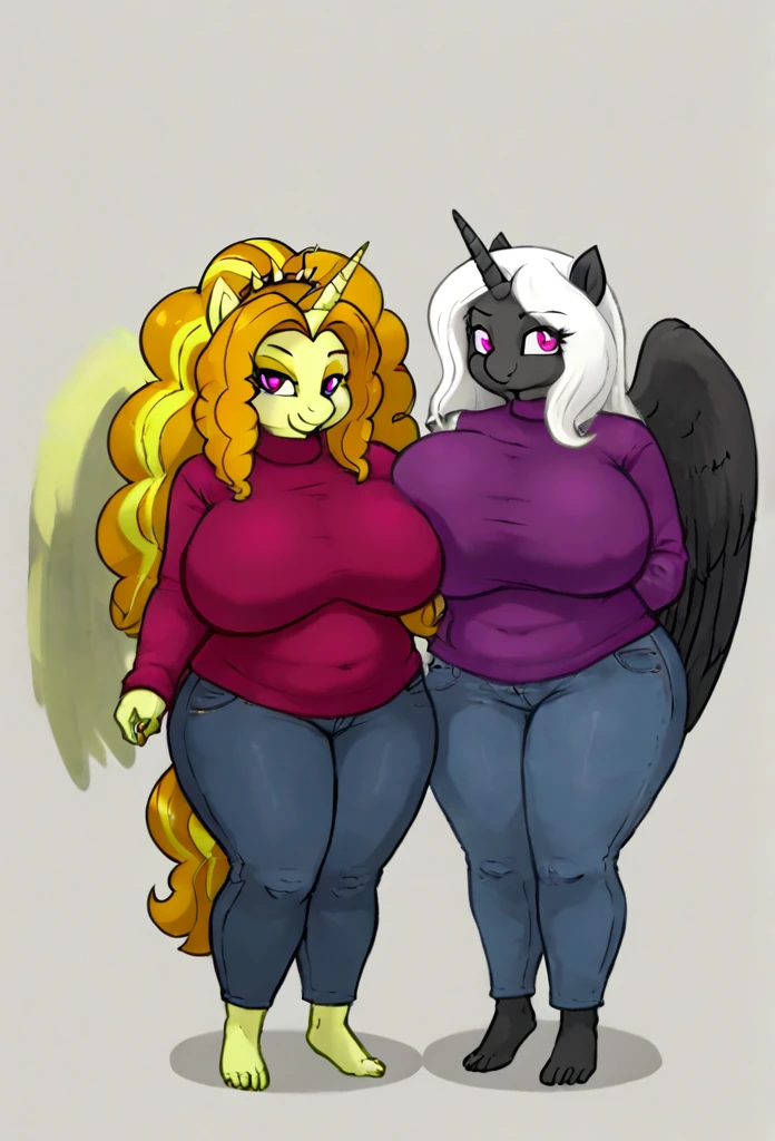  Alicorn princess female and Adagio Dazzle  , white mane, ,black body color  long flowing  mane pink  eyes anthro huge breasts  , jeans,sweater
lesbians   ,framed family photo ,mother and daughter 
Mother and kids 