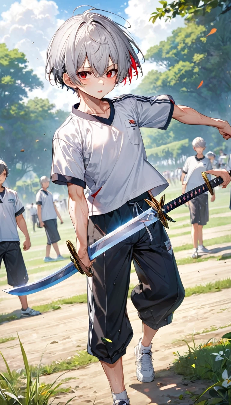 (Sword Training style) (both hands holding a detailed long sword), (full body standing fight pose) (16 yo, solo crew cut silver hair very short hair divine boy, detailed serious red eyes, sweaty;1.2 skin, serious face, flat chest), (in a summer training uniform), break, (in the battle training field), BREAK, perfect anatomy, masterpiece, best quality, 16k, beautiful detailed grow, daydreaming expression.