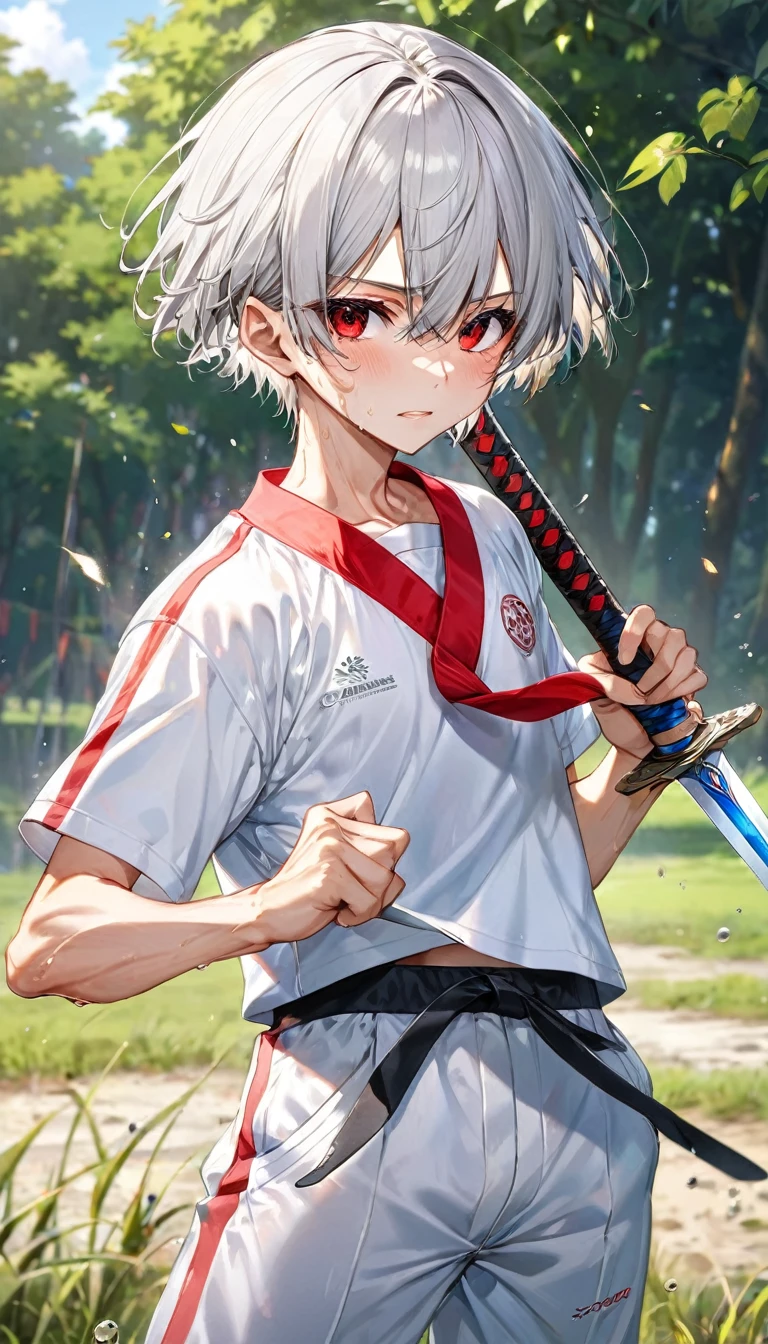 (Sword Training style) (both hands holding a detailed long sword), (full body standing fight pose) (16 yo, solo crew cut silver hair very short hair divine boy, detailed serious red eyes, sweaty;1.2 skin, serious face, flat chest), (in a summer training uniform), break, (in the battle training field), BREAK, perfect anatomy, masterpiece, best quality, 16k, beautiful detailed grow, daydreaming expression.