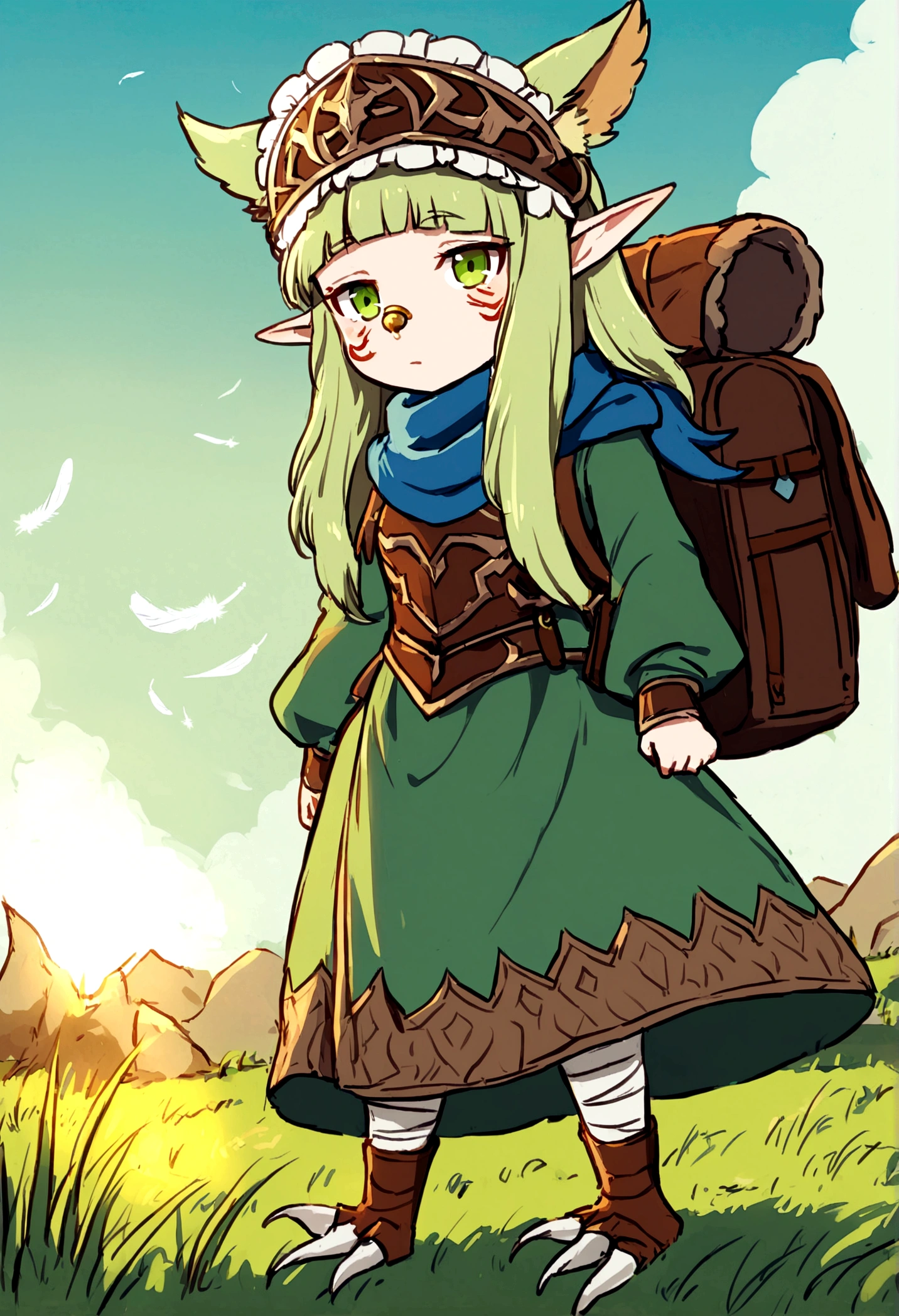 Grass, Sky, Field, League of Legends, 1girl, elf, druid, animal ears, bandage legs, long legs, bandage, bandage, bird legs, bird skull, cape, shut up, ears by headdress, eyes visible through hair, face drawings, feathers, hood, hooded cape, long hair, brown green eyes, Ginger, red hair, colorite hair, armor, blue scarf, scarf, scarf, scarf long hair, hooded scarf, green clothes, green skirt,  long skirt, leather armor, nose ring, nostrils, backpack