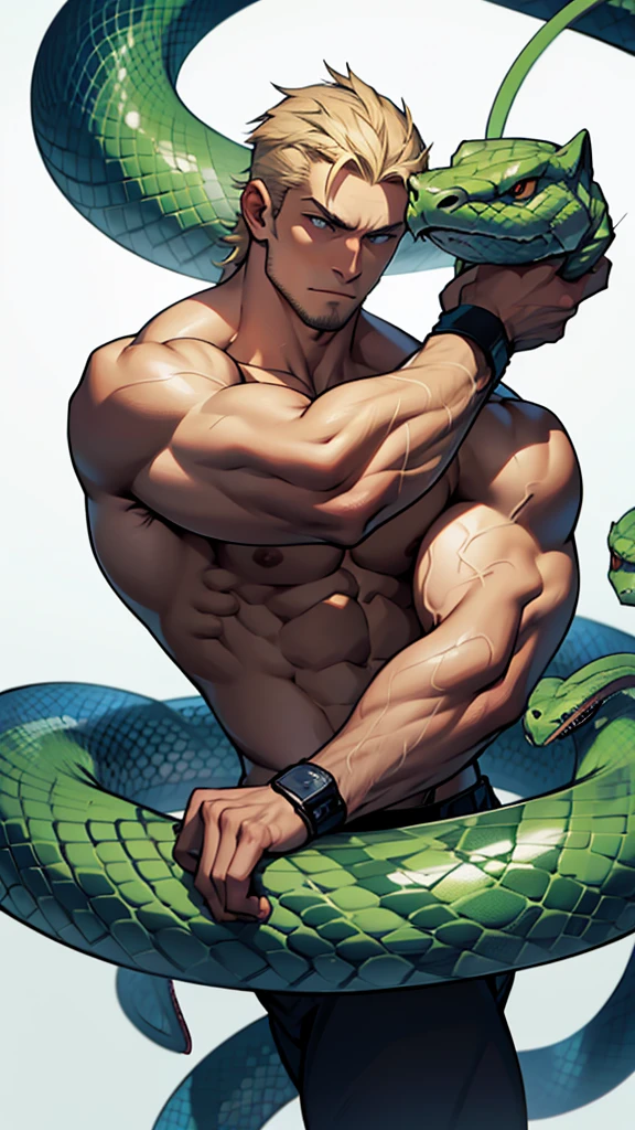 muscular person fighting with a snake and having the snake wrapped around him