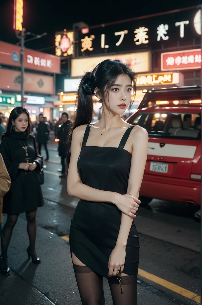 (((best quality))),(((ultra detailed))),(((masterpiece))),illustration,1girl,slim,vibrant rose-pink cotton dress,short ponytail,flat chest,pantyhose,standing, bustling city streets, honking cars,surrounded by crowded crowds, colorful advertisements,enjoying sights and sounds,(dark black skin:1.5),(day scene:1.3),upper body,arms behind back