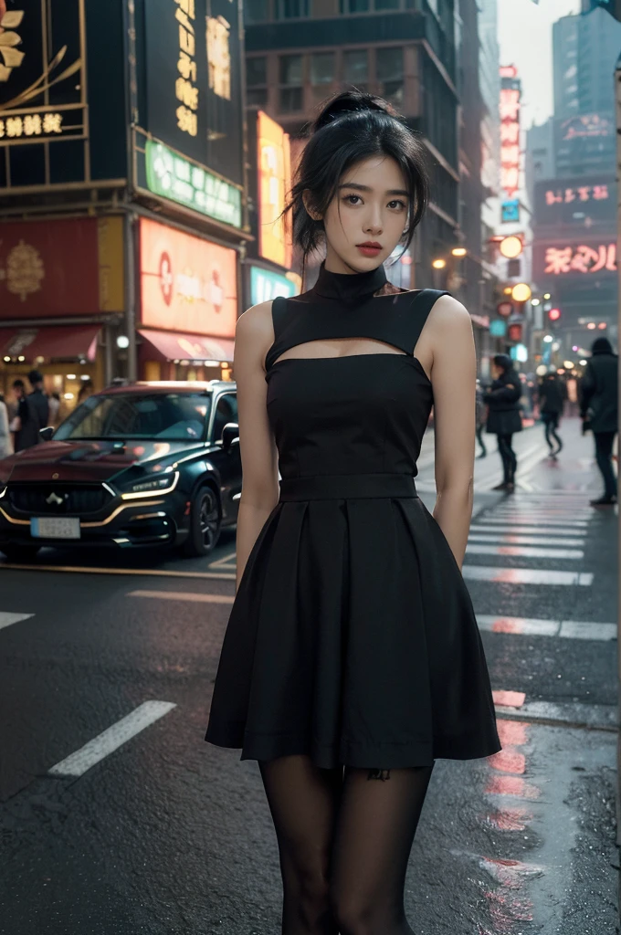 (((best quality))),(((ultra detailed))),(((masterpiece))),illustration,1girl,slim,vibrant rose-pink cotton dress,short ponytail,flat chest,pantyhose,standing, bustling city streets, honking cars,surrounded by crowded crowds, colorful advertisements,enjoying sights and sounds,(dark black skin:1.5),(day scene:1.3),upper body,arms behind back