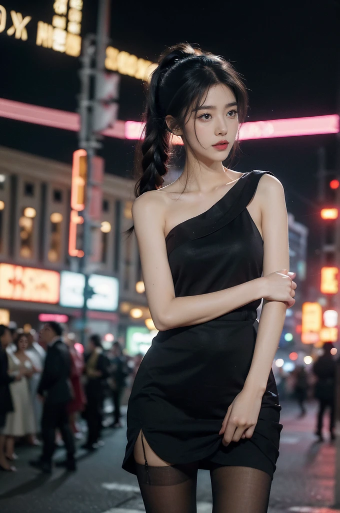 (((best quality))),(((ultra detailed))),(((masterpiece))),illustration,1girl,slim,vibrant rose-pink cotton dress,short ponytail,flat chest,pantyhose,standing, bustling city streets, honking cars,surrounded by crowded crowds, colorful advertisements,enjoying sights and sounds,(dark black skin:1.5),(day scene:1.3),upper body,arms behind back