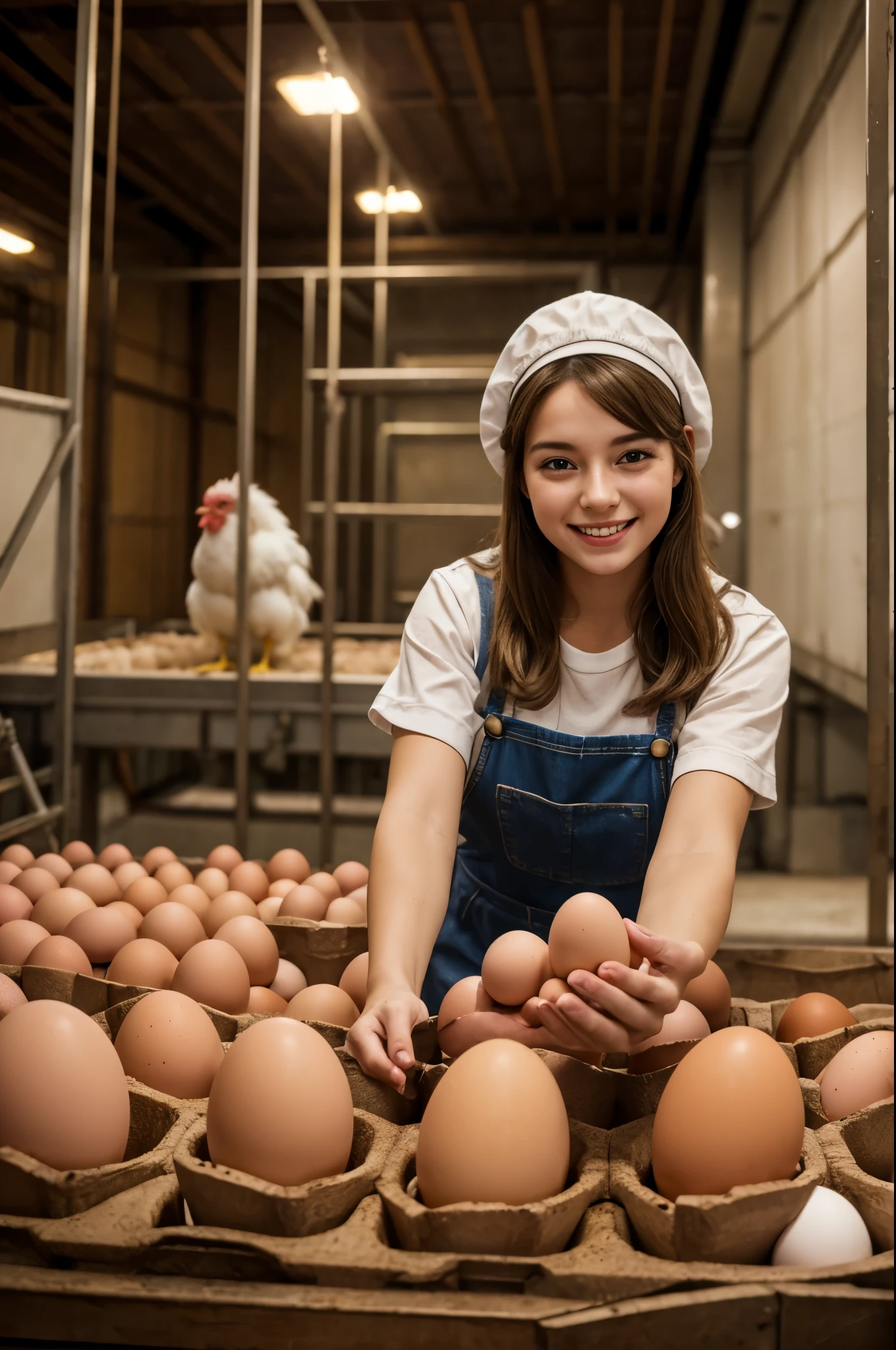 happy young woman working with chicken eggs in a chicken egg factory, face perfect, ultra HD, 8K