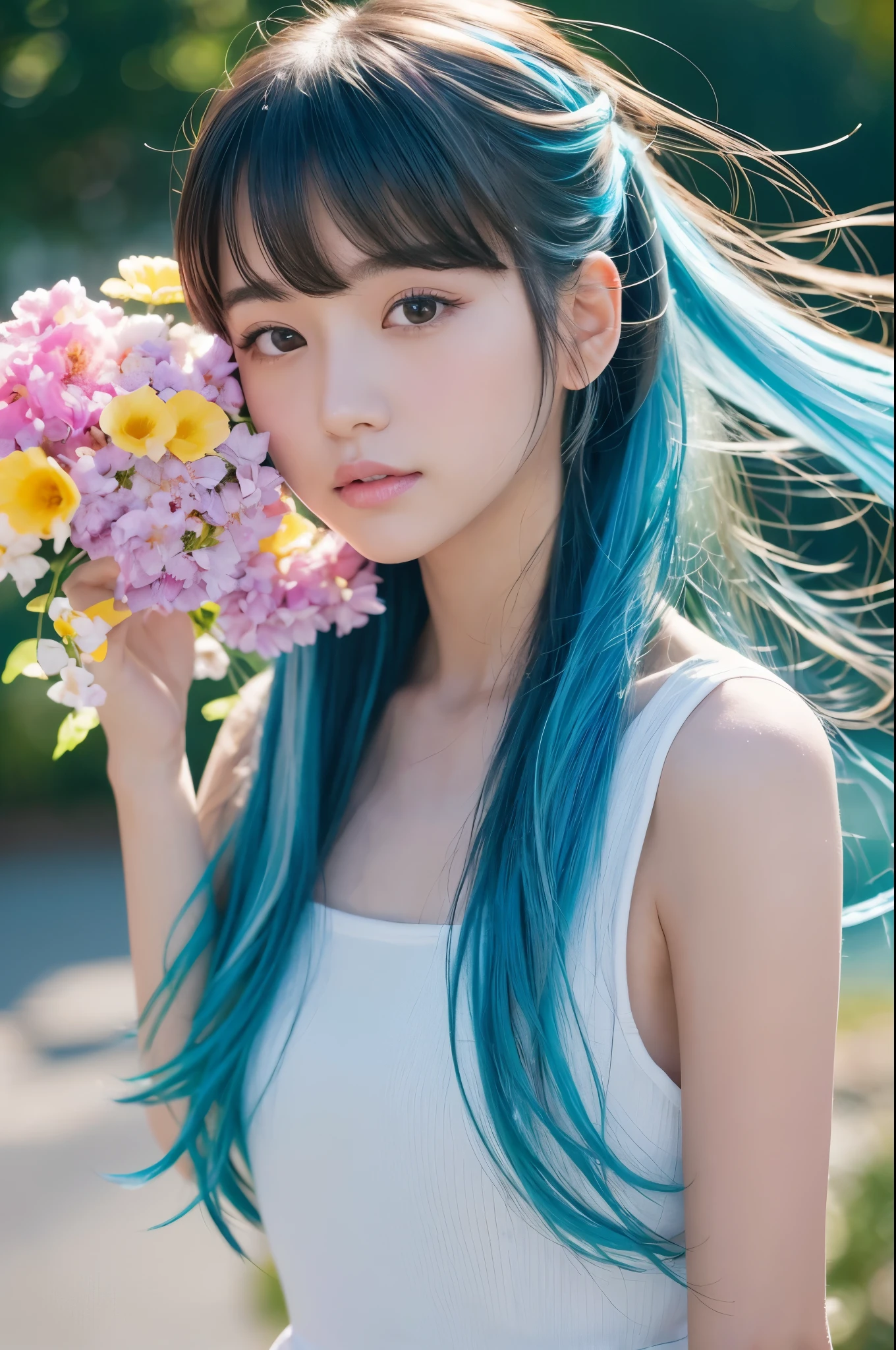 (masterpiece), (Highest quality), (Super detailed),(Dish-shaped hair),(figure), (One girl), (Fashionable clothes), Are standing, Fashion Model, View your viewers, (interview), (Simple Background), Beautiful and delicate eyes, delicate beauty, floating, (High chroma), (Colorful Splash), Colorful bubbles, (Shine), Focus on the face, ponytail, Ayaka Kamisato, Light blue hair, bangs, Hair Circle, floating flowers, Flowing Hair, (Shiny), Best lighting, Best Shadow, whole body, Overlooking