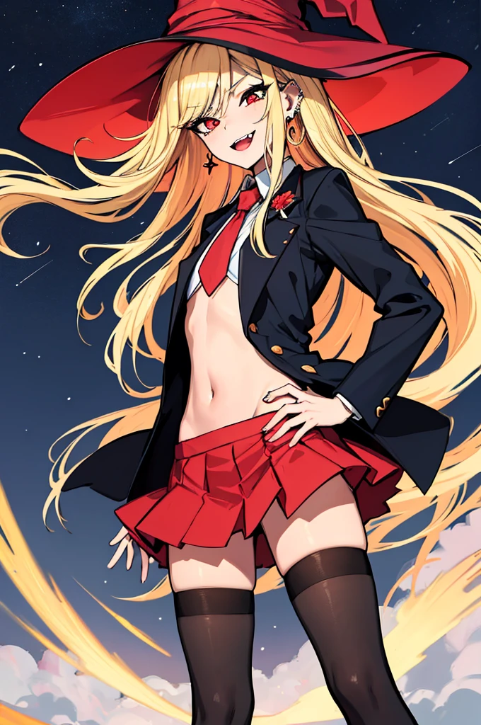 (absurdres, 8k, 4k, masterpiece, hyper extreme detailed:1.2), solo, perfect anatomy, cowboy shot, 1girl, front view, perfect face, 1girl, portrait, standing, Female, Mature Female, very long hair, 8k uhd, 1girl, slender, cowboy shot, standing, full body, front view, red tie, night sky, moon, stockings, big witch hat, witch, blonde hair, piercings, earrings, detailed eyes, expressive eyes, colorful pupils, blazer, skirt, smile, fang tooth, red eyes, earrings, hand on hip, flat chest, looking forward, front view, messy hair, wind, windy, moving hair, moving clothes, swept bangs, mature body, gyaru, crazy face, crazy eyes, crazy smile,