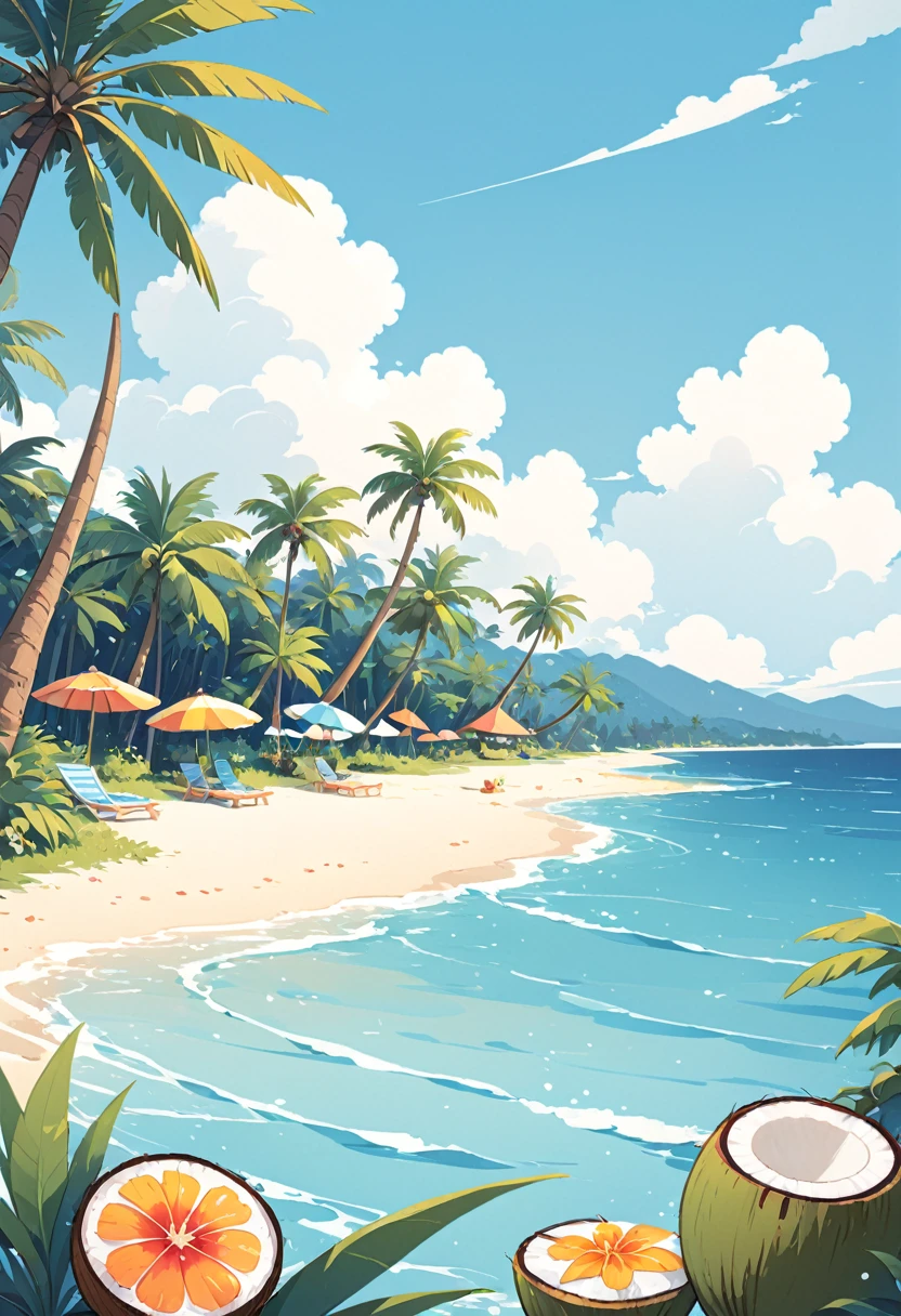 coconut tree，Cartoon，summer，Illustration style，Flat illustrations，Blue seaside，White clouds，Simple picture，Fresh；