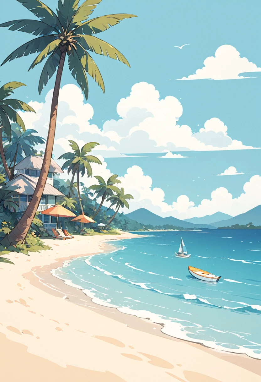 coconut tree，Cartoon，summer，Illustration style，Flat illustrations，Blue seaside，White clouds，Simple picture，Fresh；