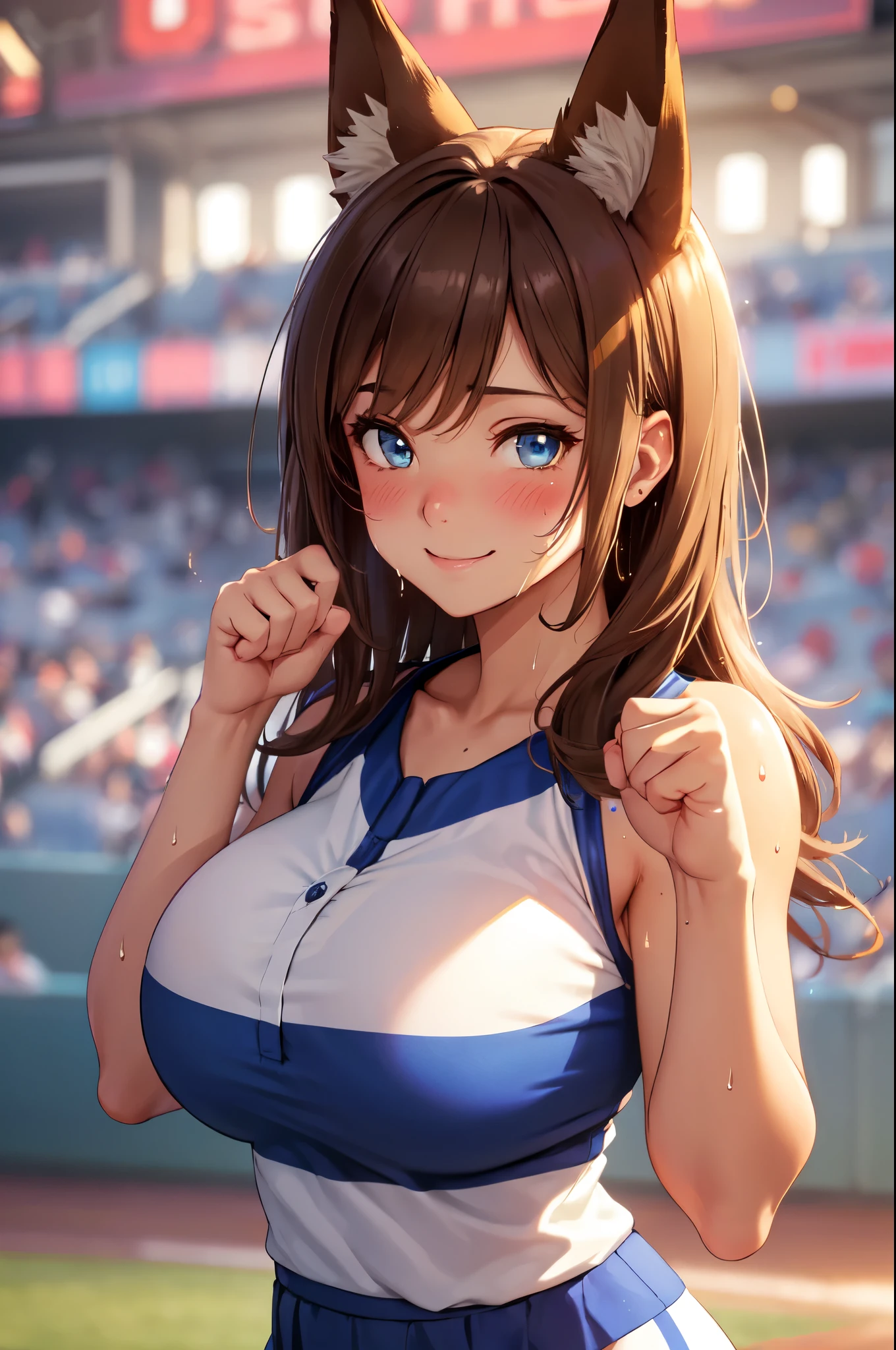 (High quality, High resolution, Fine details), baseball field, Blue Cheerleader, paw pose, solo, curvy adult women, light brown hair, sparkling eyes, (Detailed eyes:1.2), fox ears, smile, blush, (Sweat), (Oily skin), vibrant colors, cinematic lighting, Bokeh, Soft tones, shallow depth of field