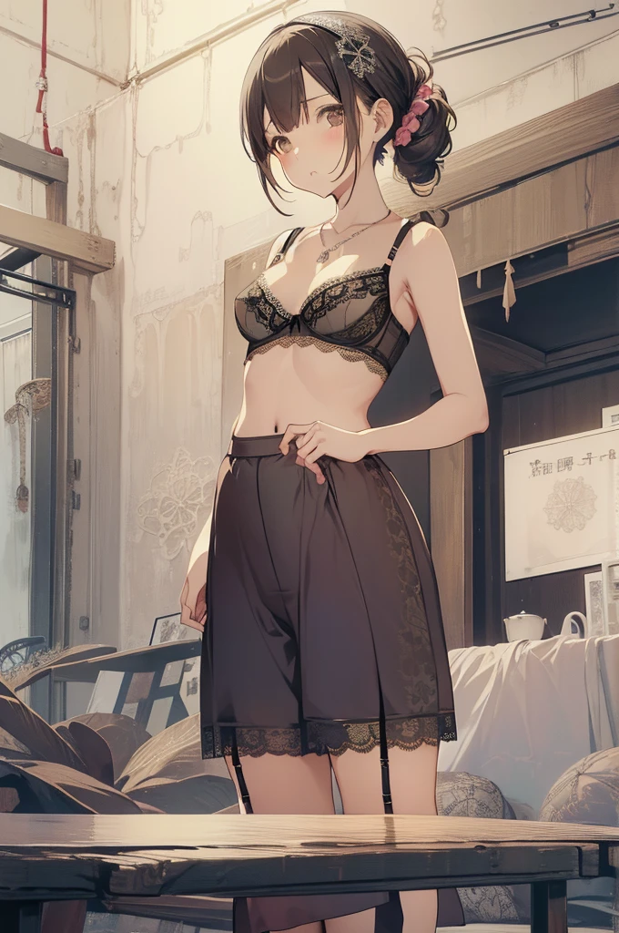 masterpiece, Highest quality, Cute Mature Woman,Small breasts that are just beginning to grow, Scrunchie hair ornament, Twin tails,Large ,,hoodie,necklace, skinny , ,(がて見える)), (good:1.3), ((,Culottes of lace:1.5)),Culottes seen from below