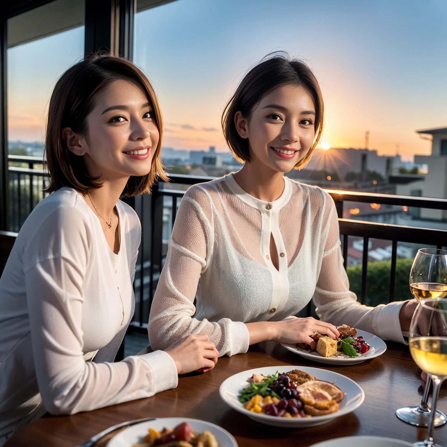 ((Highest quality、8K、masterpiece:1.3))、 (Ultra-realistic、 Genuine、Bright image、Intricate details:1.2), 最高のsmile、1 male、1 female、Beautiful couple、love love love、A lover who resembles Alice Hirose、Good friends、actress couple、smile、Full-course dinner at a packed table、 (Slim face), (the body is slim), (Brown Hair), (short hair), テーブルのwine glass、Please shine a light on my face、 Amazing view of the sunset sky and clouds、 39 years old, red wine 、Appetizers、Wine bottle、sparkling wine、Long sleeve shirt、dress、White wine, red wine, wine glass, 