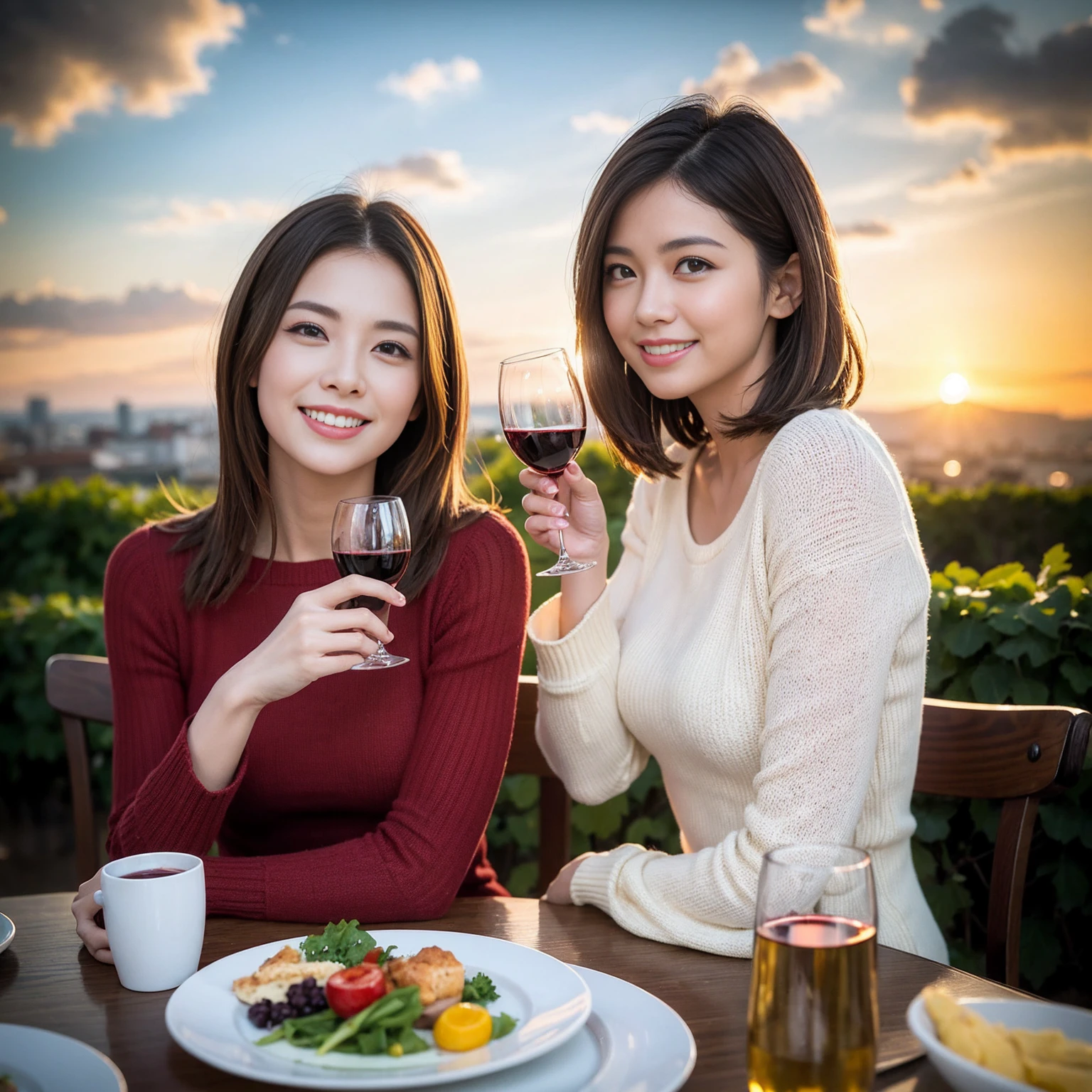 ((Highest quality、8K、masterpiece:1.3))、 (Ultra-realistic、 Genuine、Bright image、Intricate details:1.2), 最高のsmile、1 male、1 female、Beautiful couple、love love love、A lover who resembles Alice Hirose、Good friends、actress couple、smile、Full-course dinner at a packed table、 (Slim face), (the body is slim), (Brown Hair), (short hair), テーブルのwine glass、Please shine a light on my face、 Amazing view of the sunset sky and clouds、 39 years old, red wine 、Appetizers、Wine bottle、sparkling wine、Long sleeve shirt、dress、White wine, red wine, wine glass,
