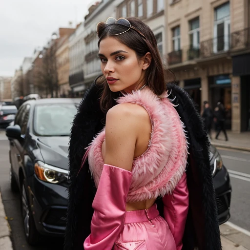 This image presents a striking, visually captivating depiction of a fashionable, flamboyant individual. The individual is wearing an ensemble that combines a variety of bold, attention-grabbing elements, creating a dramatic and eye-catching look.

The centerpiece of the outfit is a vibrant, feathered jacket in a vivid shade of pink. The jacket features an abundance of soft, fluffy feathers that cascade down the front and back, giving the garment a luxurious, opulent appearance. The feathers appear to be meticulously arranged, adding to the overall visual impact.

Underneath the jacket, the individual is wearing a simple, form-fitting tank top that showcases their toned, muscular physique. This juxtaposition between the extravagant, feathered jacket and the minimalist, revealing top creates an intriguing visual contrast.

The individual's lower body is adorned in a pair of matching pink pants, cut in a slim, tailored silhouette that complements their figure. The pants appear to be made of a shiny, satin-like material, further contributing to the overall sense of extravagance and showmanship.

Completing the ensemble is a bold, statement-making headpiece. The headpiece features an abundance of soft, wispy feathers in a complementary shade of pink, creating a dramatic, avant-garde effect that draws the viewer's attention and frames the individual's face.

The overall styling and presentation in this image convey a strong sense of personal expression, individuality, and a willingness to embrace bold, unconventional fashion choices. The setting, with the urban backdrop and the parked vehicle, provides a compelling juxtaposition that heightens the visual impact of this eye-catching, flamboyant fashion moment.