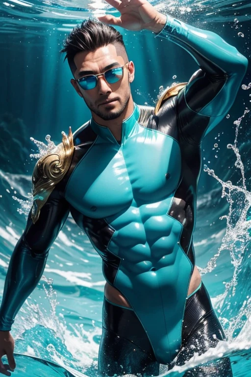 Quarter body photorealistic handsome hunky fractal masculine aqua haired Chono wearing a cyan with gold transparent crystal chrome glass trimmings super suit , look at camera, detailed face parts,, Water splash as background, Freestyle Pose, Happy Expression, perfect anatomy, symmetric body,, 18 years old, :: high detail, a lean athletic body, realistic, human skin, extremely detailed fingers, chad chin,, masculine, human skin, , gorgeous, Attractive. super bulges in action . camera focus face front