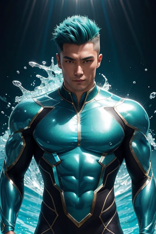 Quarter body photorealistic handsome hunky fractal masculine aqua haired Chono wearing a cyan with gold transparent crystal chrome glass trimmings super suit , look at camera, detailed face parts,, Water splash as background, Freestyle Pose, Happy Expression, perfect anatomy, symmetric body,, 18 years old, :: high detail, a lean athletic body, realistic, human skin, extremely detailed fingers, chad chin,, masculine, human skin, , gorgeous, Attractive. super bulges in action . camera focus face front