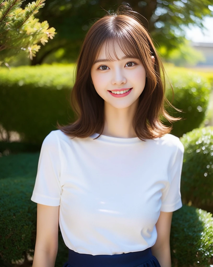 Highest quality、Super detailed、masterpiece、Real、写真Real、One girl、(cute17歳の少女、Small Head)、(cute:1.2)、Big smile、(Brown Hair、Short bob hair)、Brown eyes、Perfect Glowing Skin、((Slender))、((Perfect body))、Model pose、Accurate depiction、w 、White shirt、Blue Skirt、Red tie、Big ample breasts、Bright lighting、sunny day、garden、Blurred background