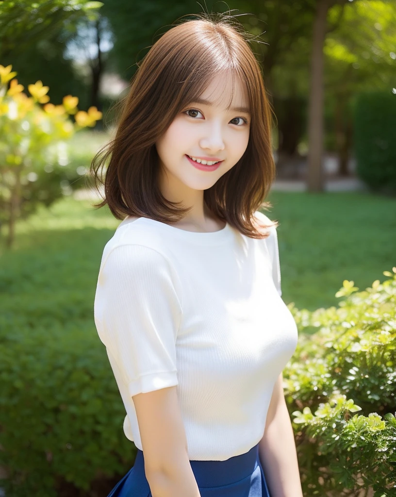 Highest quality、Super detailed、masterpiece、Real、写真Real、One girl、(cute17歳の少女、Small Head)、(cute:1.2)、Big smile、(Brown Hair、Short bob hair)、Brown eyes、Perfect Glowing Skin、((Slender))、((Perfect body))、Model pose、Accurate depiction、w 、White shirt、Blue Skirt、Red tie、Big ample breasts、Bright lighting、sunny day、garden、Blurred background