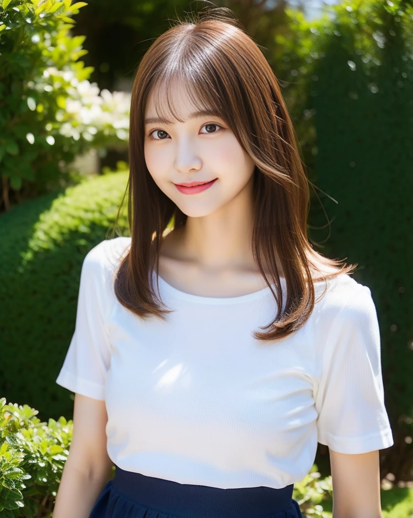 Highest quality、Super detailed、masterpiece、Real、写真Real、One girl、(cute17歳の少女、Small Head)、(cute:1.2)、Big smile、(Brown Hair、Short bob hair)、Brown eyes、Perfect Glowing Skin、((Slender))、((Perfect body))、Model pose、Accurate depiction、w 、White shirt、Blue Skirt、Red tie、Big ample breasts、Bright lighting、sunny day、garden、Blurred background