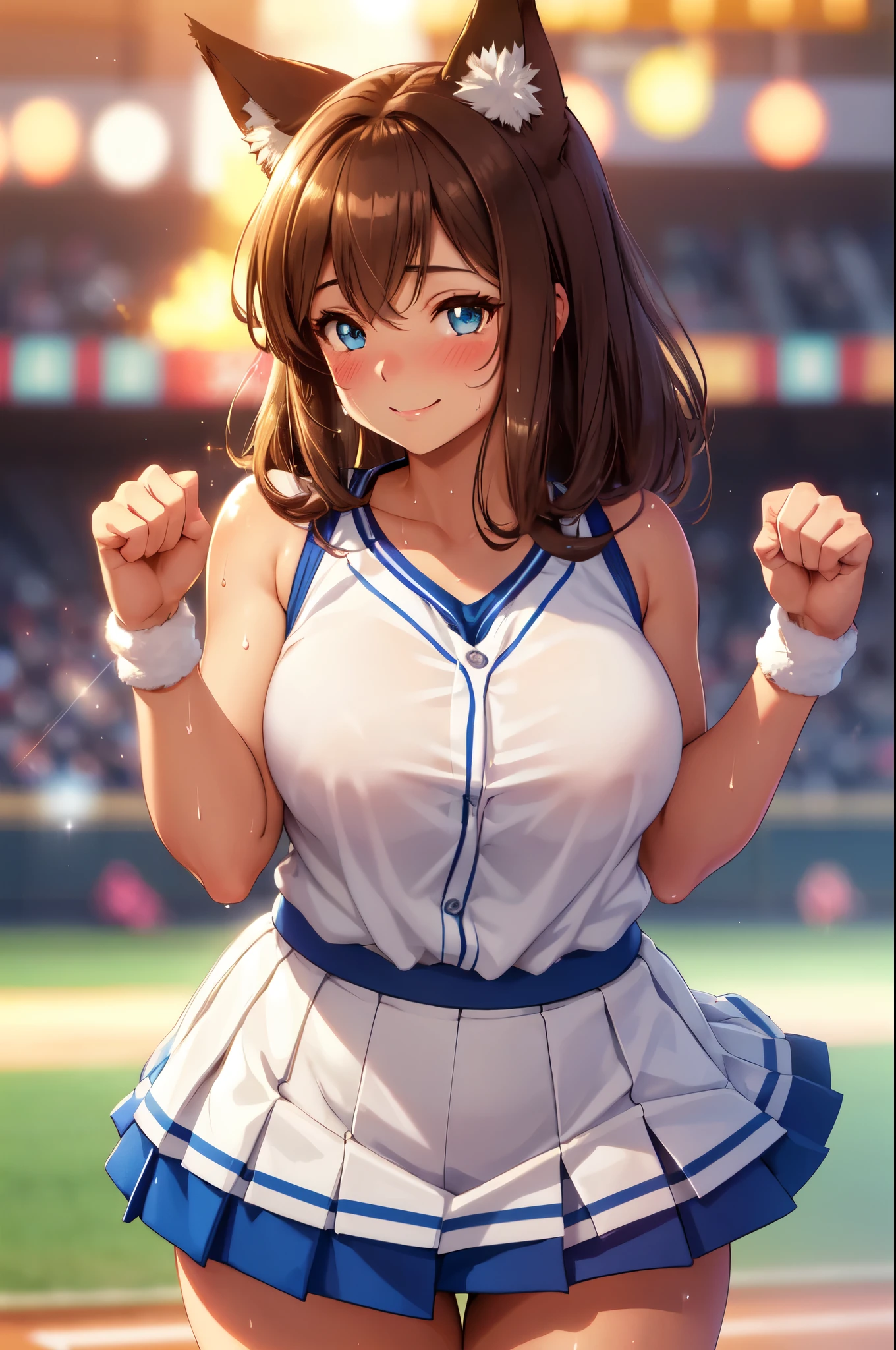 (High quality, High resolution, Fine details), baseball field, Blue Cheerleader, paw pose, solo, curvy adult women, light brown hair, sparkling eyes, (Detailed eyes:1.2), fox ears, smile, blush, (Sweat), (Oily skin), vibrant colors, cinematic lighting, Bokeh, Soft tones, shallow depth of field