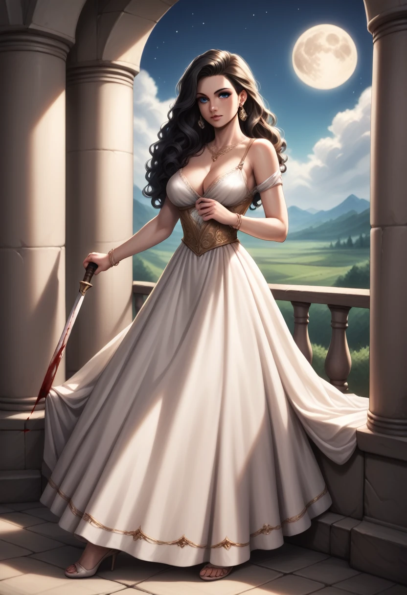 score_9, score_8_up, score_7_up, score_6_up, 1girl, solo, (black_hair:1.5), wavy_hair, jewelry, dress, blue_eyes, earrings, (long_hair:1.5), looking_at_viewer, curly_hair, full_body, lips, lace, white_dress, gold_dress, (night:1.3), cxqz8r, medieval_dress, medieval_landscape, fullmoon, rpg, (rape_face:1.5), narrow_waist, (skinny:1.3), (pale_skin:1.4), (large_breasts:1.2), (severed_head:1.5) in the hand, blood, blood_on_hands, blood_on_clothes, (holding_limb:1.5)