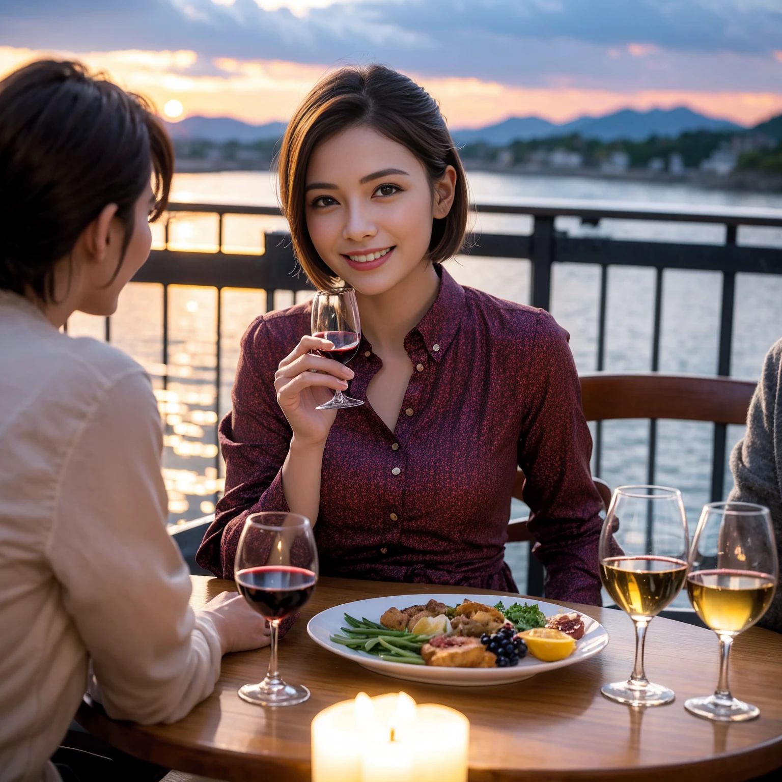 ((Highest quality、8K、masterpiece:1.3))、 (Ultra-realistic、 Genuine、Bright image、Intricate details:1.2), 最高のsmile、1 male、1 female、Beautiful couple、love love love、Lover in Hokkaido、Good friends、actress couple、smile、Full-course dinner at a packed table、 (Slim face), (the body is slim), (Brown Hair), (short hair), テーブルのwine glass、Please shine a light on my face、 Amazing view of the sunset sky and clouds、 39 years old, red wine 、Wine bottle、sparkling wine、Long sleeve shirt、dress、White wine, red wine, wine glass, 