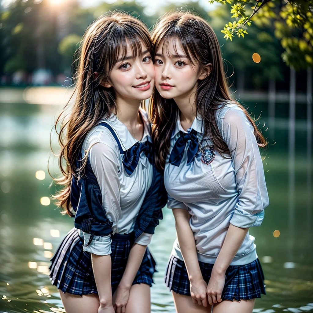 SFW, ((David Hamilton:1.37, White and vivid colors))、Extremely Detailed (Tiny Oppai-Loli Twins:1.37)、{(Dynamic-angle)|(from side)|(from back)|((from below:1.2))}、{(((Kissing face to face:1.41) Against the Nipples to Nipples Pressing hard))| (Standing Full Body:1.2) | ZoomedOut }、{(Floating hair with Strong wind)|(Ass focus)|French Braid|bun}、8K best quality、((Masterpiece:1.2、Photo-realistic:1.4)), { kodachrome | realistic | photorealistic | RAW }  BREAK 
 ((Detailed KAWAII Face、Detailed Radiant PearlSkin) with Transparency)、Smooth shading、(SoftFocus BokeH)、Soft Lighting、((school uniform with white Thongs))、{Flowers|Flower wreath|smile|Joyful|Pleasuring|Different types of hair colors}、{(Light Particles:1.2)|(Lens Flare)|(Luminescent Particles:0.6)}、{(((Floating with only the face sticking out from the surface of the lake))) |Sparkling Lake surface|Splashing water|Before dawn|magic hour|morning glow|foggy|Haze|Colored Horizon}、{ThighGap | Whole Body proportions and all limbs are anatomically accurate | hidden hands | PUNIPUNI } .