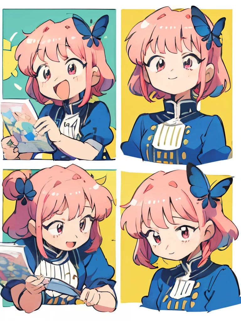 ((chibi,simple background, multiple expressions, multiple views,comic,koma,border,chibi,simple background))
(best quality,4k,8k, high res,masterpiece:1.2), ((masterpiece)), (((best quality))), Illustration, 1 girl, hair color, hairstyle fax, eyes, (best quality,4k,8k, high res,masterpiece:1.2), ((masterpiece)), (((best quality))), joyful pose, happy aura, 2d painting,
((masterpiece)), (((best quality))), Illustration, (blue butterflies), butterfly style, bubbly style, happy, pink, joyful happy-go-lucky pose, pink hair, adventurous, funny, friendly, pink eyes, sunny happy theme, pink fashion, happy pose, hairstyle fax, action, female, happy with butterflies and sunshine, charturnbetalora, big smile