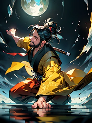 （Old man 1.5),70 years old，Long black hair，Taoist，Bagua mirror in hand，Exudes a powerful aura. He wears a yellow robe.（Red trousers），Gossip Mode ,2k, 最high quality，masterpiece, Super detailed, High details,well-made beard, Samurai Bun，return，（High Sharpness，Super detailed）， masterpiece， solo，Cyan clothes， Gentle expression， Detailed face， Looking up at the sky， Swirl， Safety，Intricate details, , solo, detailedreturnground，Floating in the air，、Backlit realistic lighting、Armory、Hair fluttering in the wind，Enclosed in ink, Clear Face, Clear, bright eyes, High detail, (High resolution, Super detailed), Cinema Lighting, Motion Blur, Ray Tracing, reflected light, (close), masterpiece, 最high quality, high quality, Anatomically correct, Textured skin, High details, Super detailed, 1080P, Hyper HD,