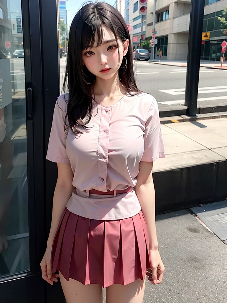 Japanese,A Caucasian woman in her 20s wearing a red blouse and a pink pleated mini skirt, Are standing , White Background