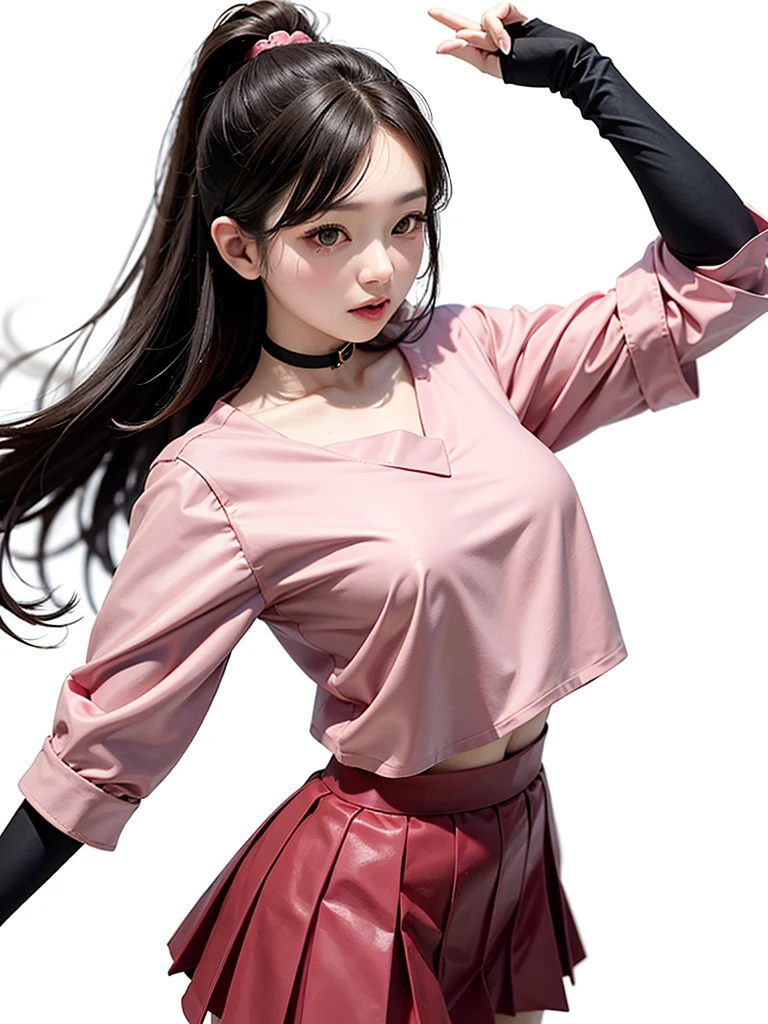 Japanese,A Caucasian woman in her 20s wearing a red blouse and a pink pleated mini skirt, Are standing , White Background
