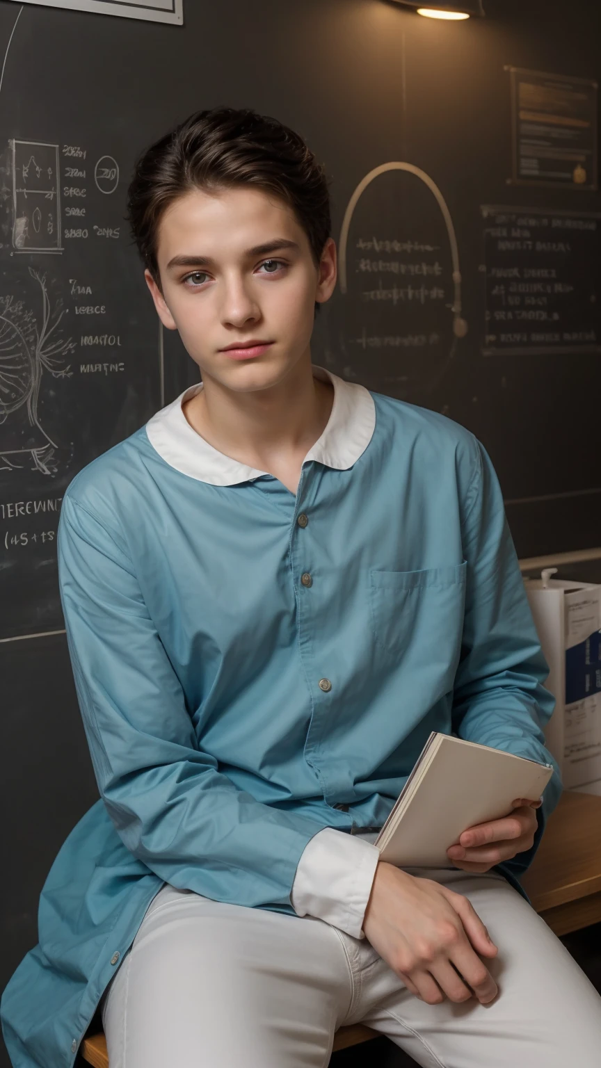 A young male twinks, cute, beautiful, feminine, with a beautiful face with makeup, black hair, and his eyes have dark circles under them. He is wearing a long-sleeved aquamarine shirt and white jeans. He is in the College of Medicine, studying on the blackboard with brain anatomy written on it. He is sitting at a desk with scientific books on it. Medical and brain anatomy manuscripts
