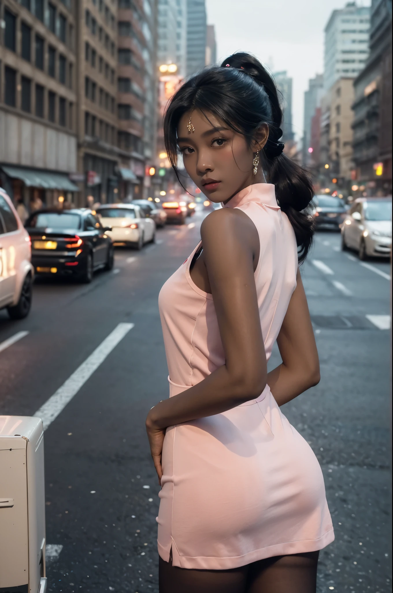 (((best quality))),(((ultra detailed))),(((masterpiece))),illustration,1girl,slim,vibrant rose-pink cotton dress,short ponytail,pantyhose,standing, bustling city streets, honking cars,surrounded by crowded crowds, colorful advertisements,enjoying sights and sounds,(dark black skin:1.5),day scene,upper body,from front,bare back,towering hips,butt crack