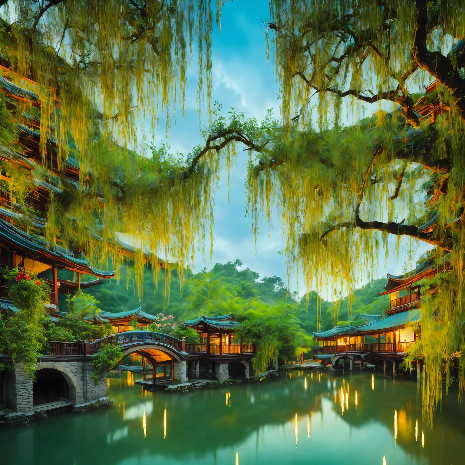 At dusk, green trees, willows flying, surrounded by blue water, small bridges and flowing water, antique color, floral fragrance, warm as jade, birds singing and flowers, water town paintings, leisurely, real photography, 16K resolution