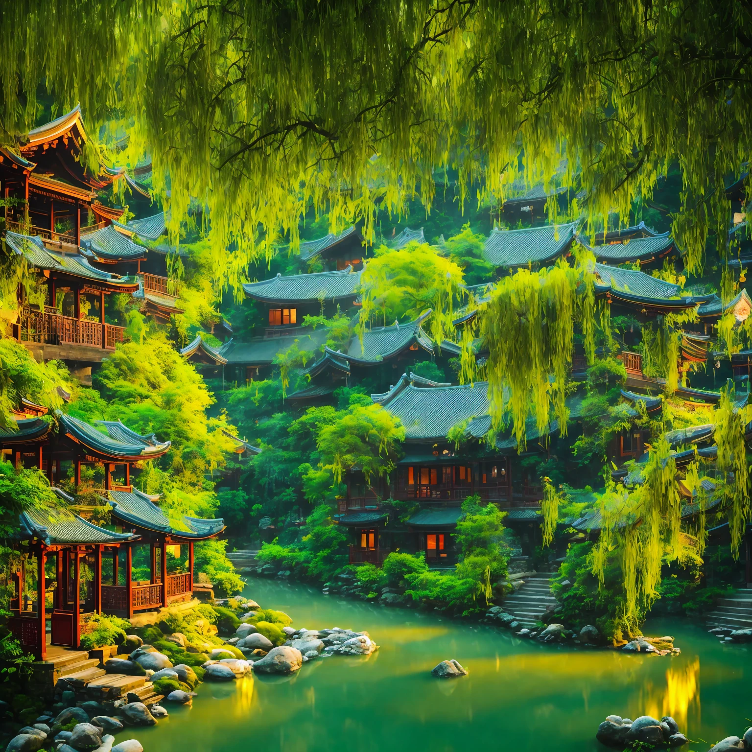 At dusk, green trees, willows flying, surrounded by blue water, small bridges and flowing water, antique color, floral fragrance, warm as jade, birds singing and flowers, water town paintings, leisurely, real photography, 16K resolution