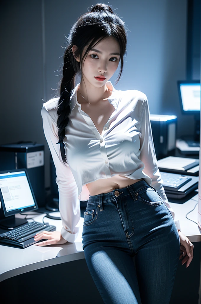 Game Art，Best image quality，Maximum resolution，8K，((A bust photo))，(Transparent white silk shirt)，(Drunken state)，((Dark blue skinny jeans))，((portrait))，(Rule of Thirds)，Unreal Engine 5 rendering works， (Future girl)，(Female office worker)， 22-year-old young hacker)，(Oriental hairstyle)，(Beautiful eyes full of details)，(Large Breasts)，(Eyeshadow)，Elegant and charming，indifferent，((frown))，(Transparent white shirt，这套服装融合了Dark blue skinny jeans，Clothing is decorated with glittering patterns and emblems)，Legs apart，Spread your thighs with your hands，Cyberpunk Characters，in the style of futuristic， Photo poses，City background，lamp，Ray Tracing，Game CG，((3D Unreal Engine))，OC rendering reflection mode