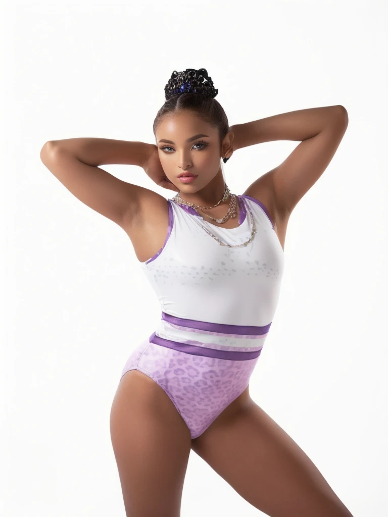 Arabian woman wearing white leopard print dress with pink and purple leopard print, leotard, wearing white leotard, wearing leotard, leotard and leg warmers, posing in leotard and tiara, Violet tight tank top, Portrait of Sophie Mudd, The entire subject in the photograph, Neon crystal body cover, Intermediate View