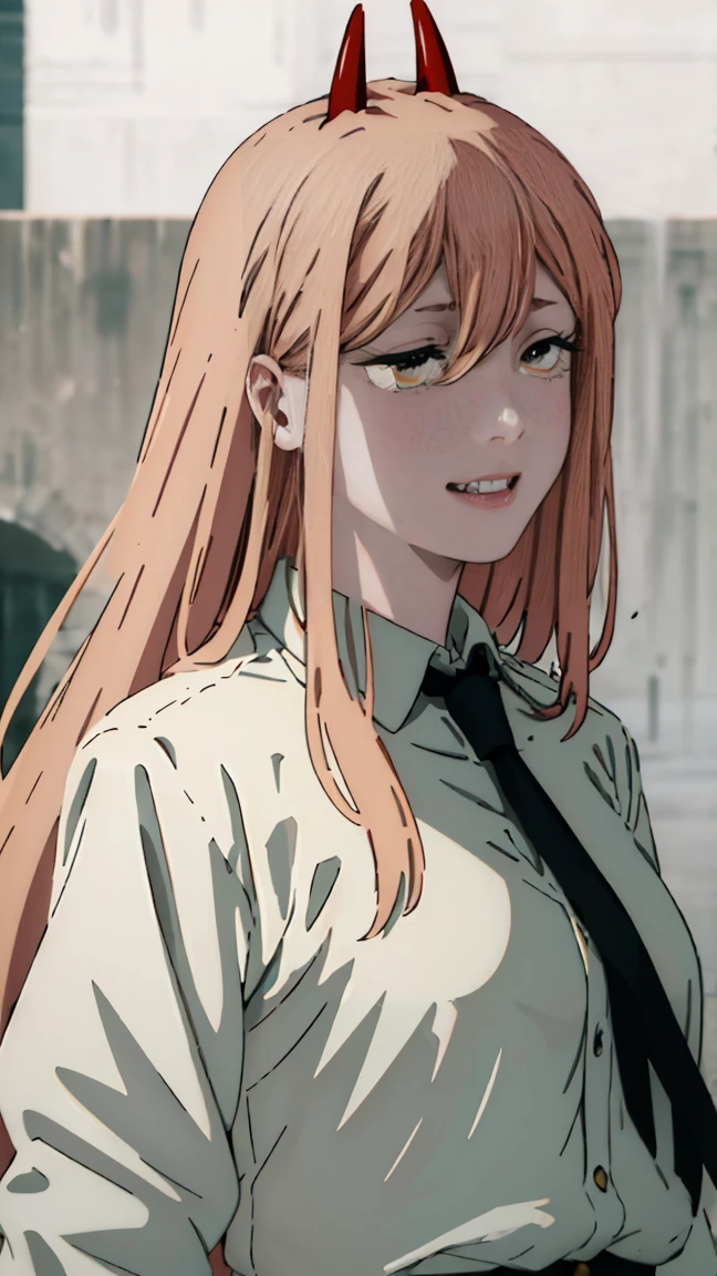 (Best quality), (masterpiece), (only), 1 girl, Maybe_XM, peach hair, yellow eyes, cross-shaped pupils, pupils in the form of symbols, red horns, white button up shirt, black tie, sharp teeth, smile, long hair, whole body